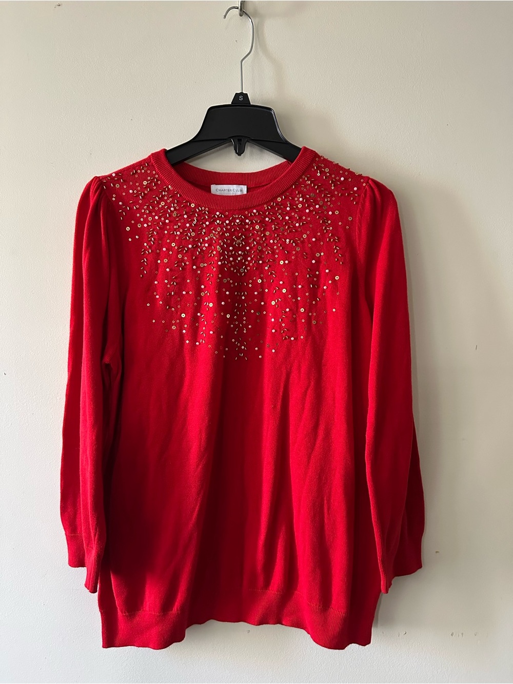 Red Embellished Crewneck Sweater Top Charter Club